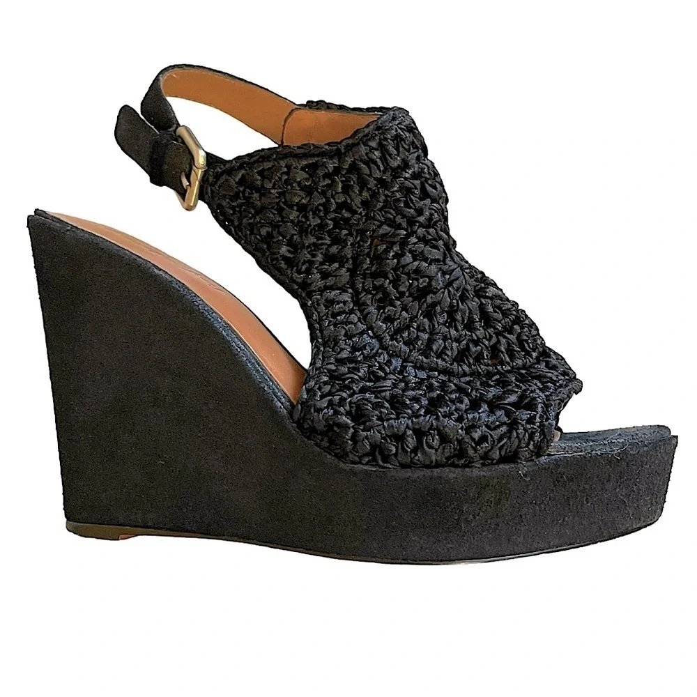 Elizabeth & James Halo Black Suede & Crochet Sling Back Wedge Platform Shoe Sz 8